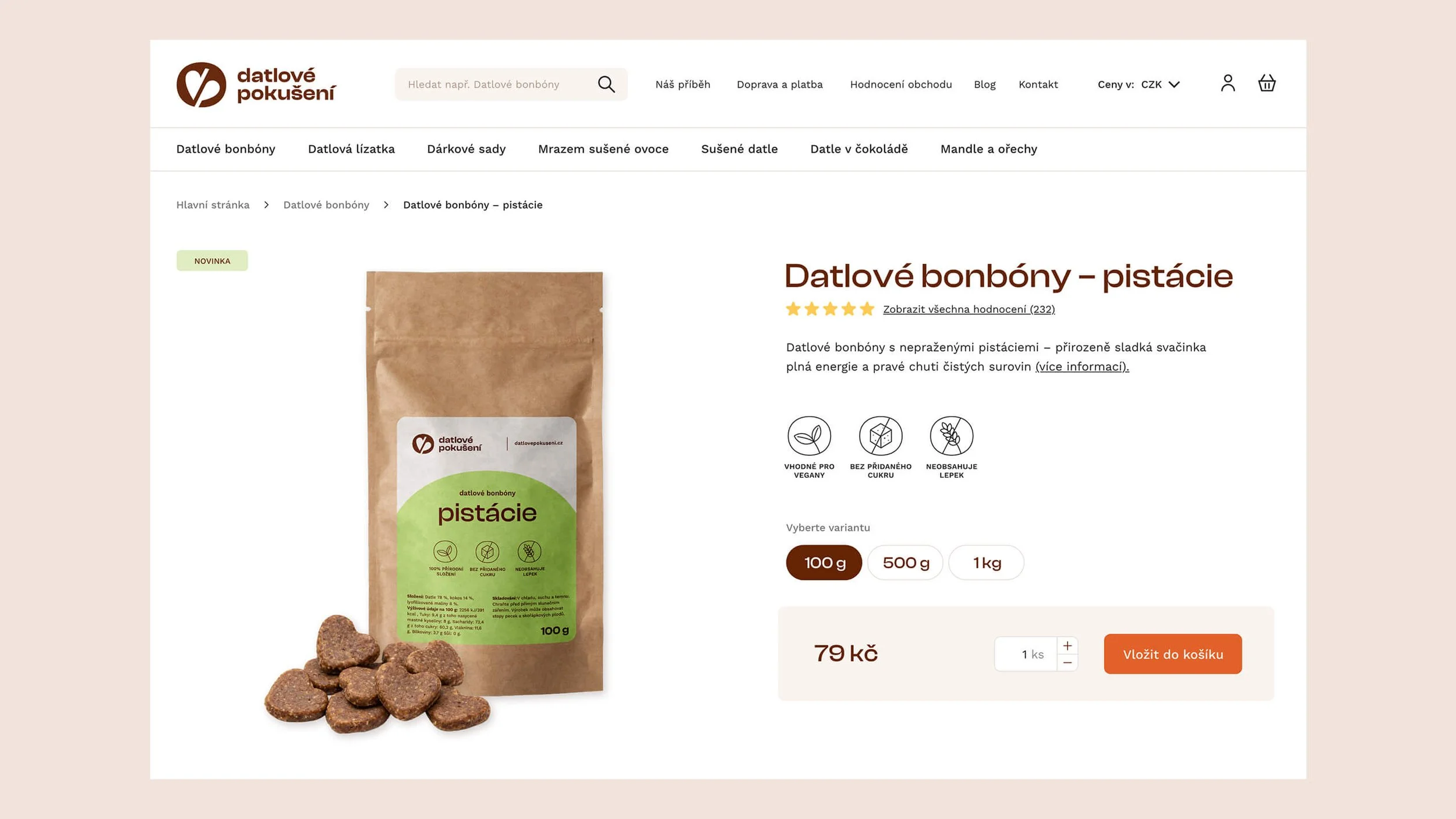 Detail produktu e-shopu Datlového pokušení.