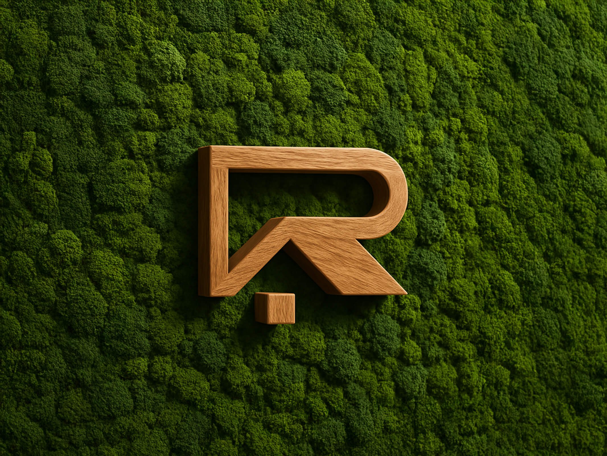 Dřevený plastický symbol loga Rillich zavěšený na mechové stěně.