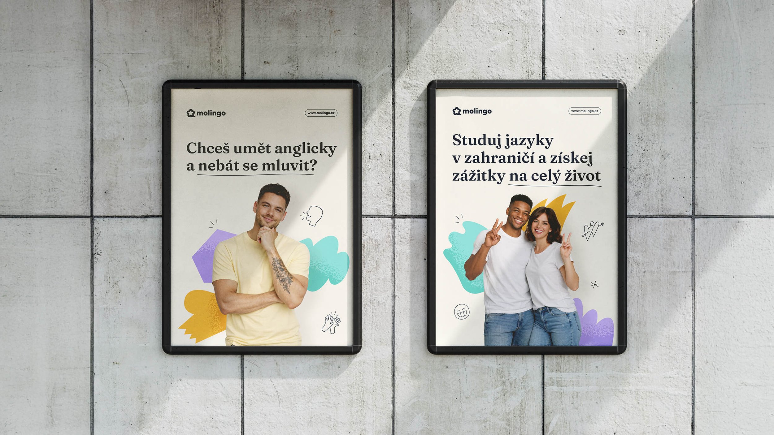 Plakáty upozorňující na jazykové kurzy v zahraničí.