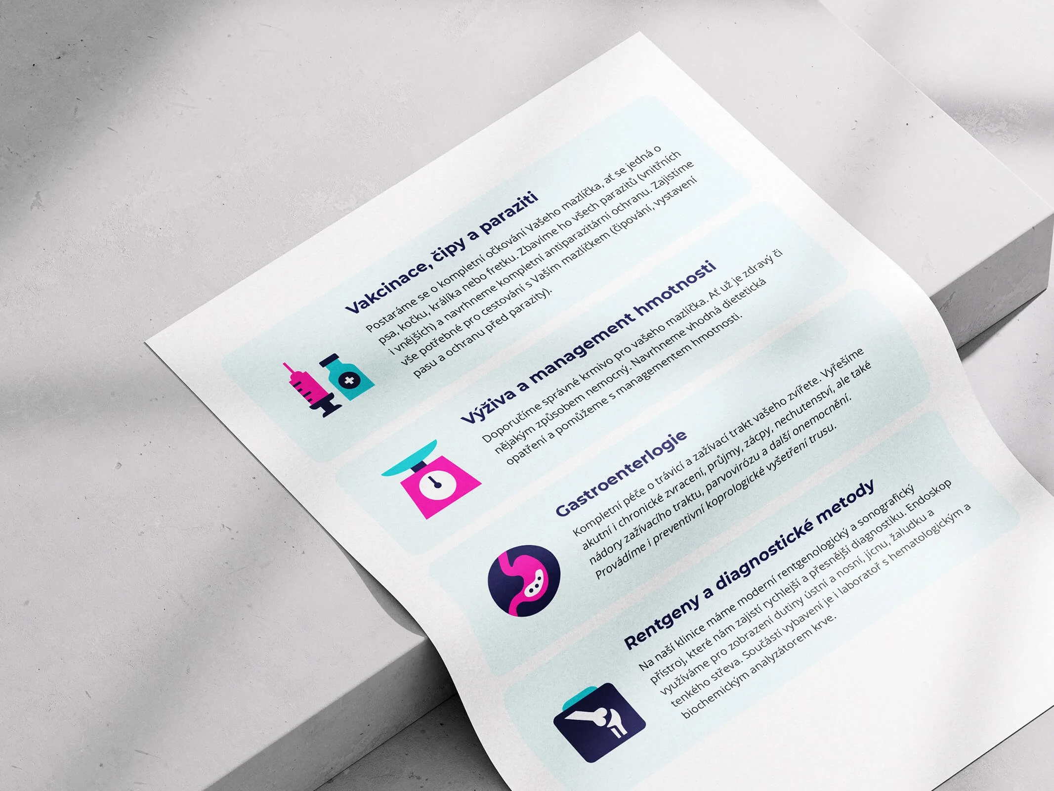 Papír s ikonami a popiskem služby veterinární kliniky Veterix.