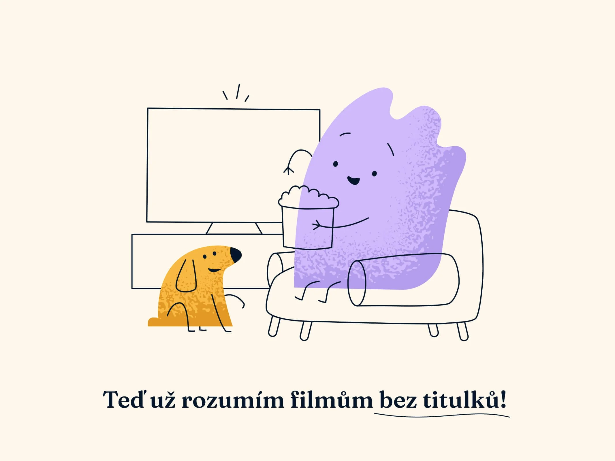 Ilustrace znázorňující postavičku a psa v obyváku u televize.