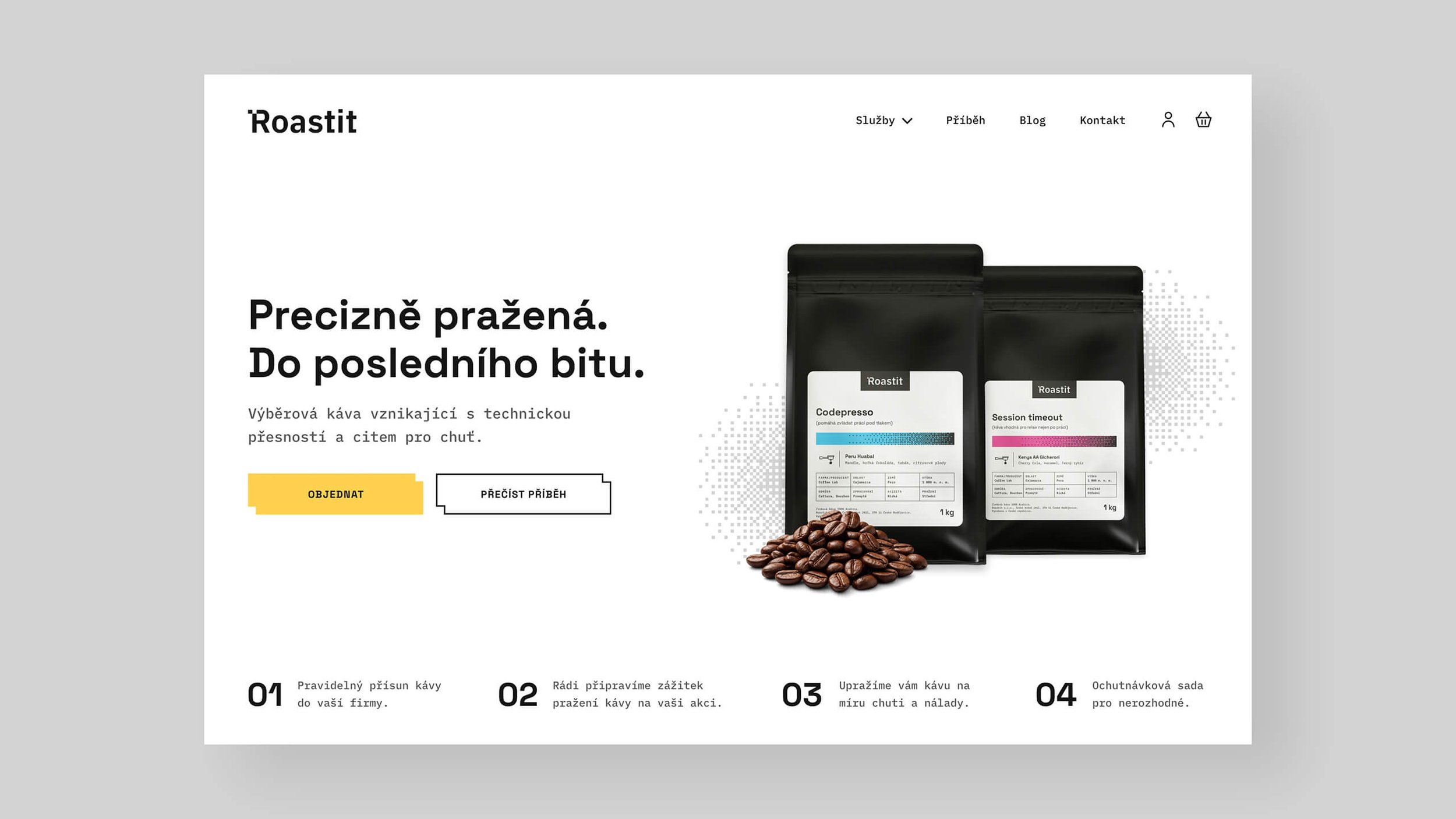 Vizualizace webu značky Roastit na šedém pozadí.