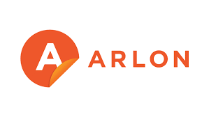 Logo with an orange circle containing a white letter A and the word ARLON in orange letters to the right.