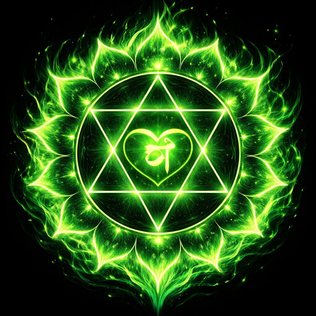 A glowing green mystical design featuring a heart with a Sanskrit symbol inside, surrounded by interconnected triangles and a circular pattern with leaf-like fringes. Heart Chakra.