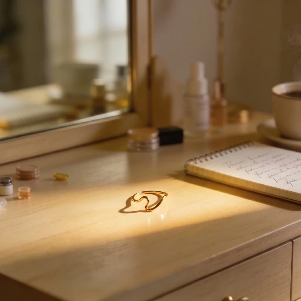 A wooden dresser or desk with a gold paperclip in the shape of a bird, a notepad with handwritten notes, and various other small items including bottles and containers, in warm lighting.