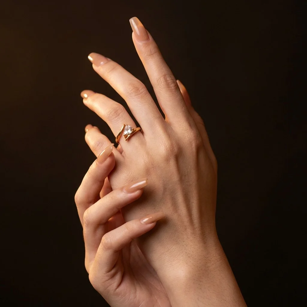 A person's hand with well-manicured nails, wearing a ring with a gemstone, against a dark background.