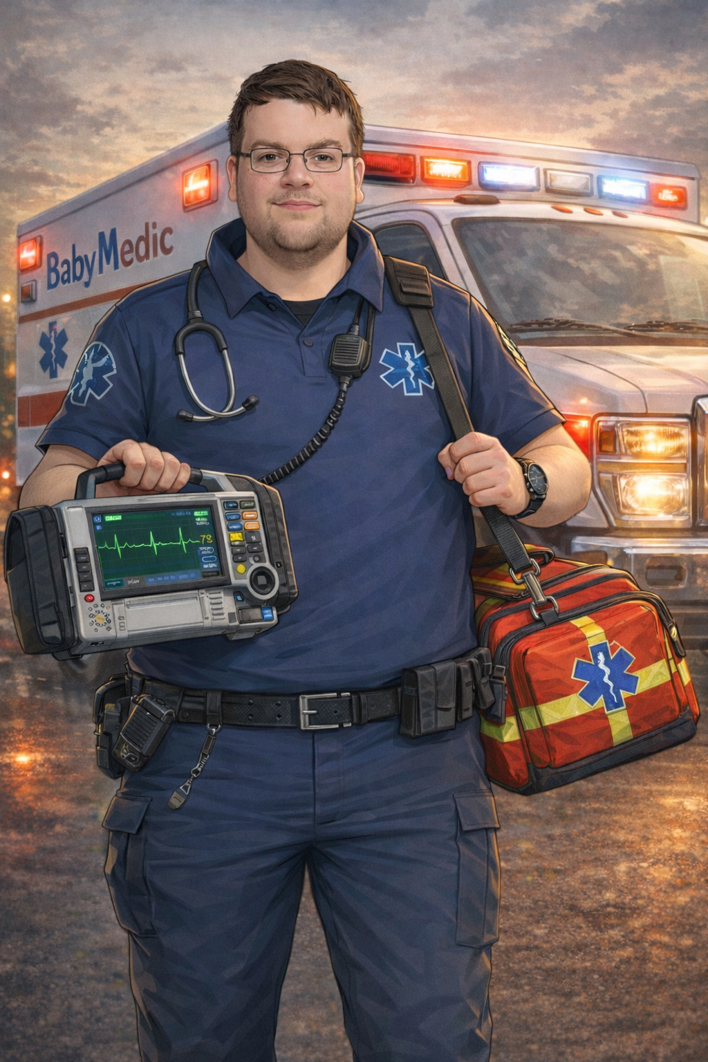 A paramedic stands in front of an ambulance during sunset, holding a portable heart monitor and carrying medical equipment.