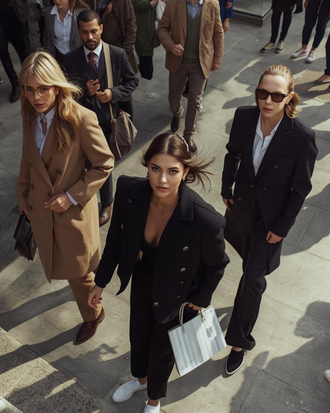A group of diverse business professionals walking outdoors, looking up at the camera. The woman in the center has dark hair, wearing a black coat, white sneakers, and carrying a striped bag. Others are dressed in formal attire with sunglasses, jackets, and business accessories.