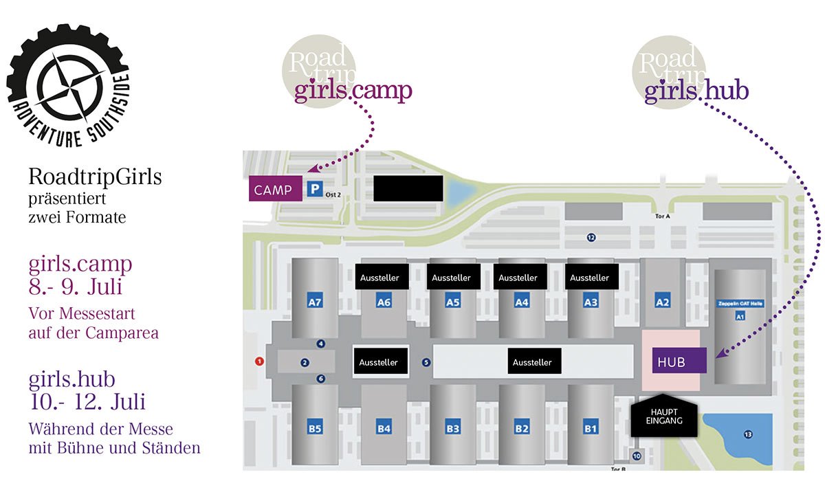 Lageplan der Mädchen-Exkursion Girls Camp und Girls Hub auf der Messe mit verschiedenen Ausstellern, Eingängen und Campingplätzen, Beschriftungen in Deutsch.