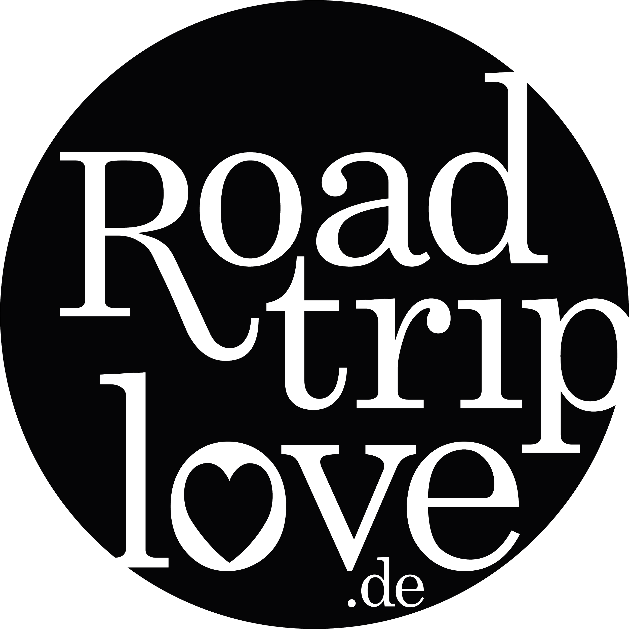 Grafisches Logo mit dem Text "Road trip love" innerhalb eines Kreises, organisch gestaltet, mit dem Text '.de' darunter