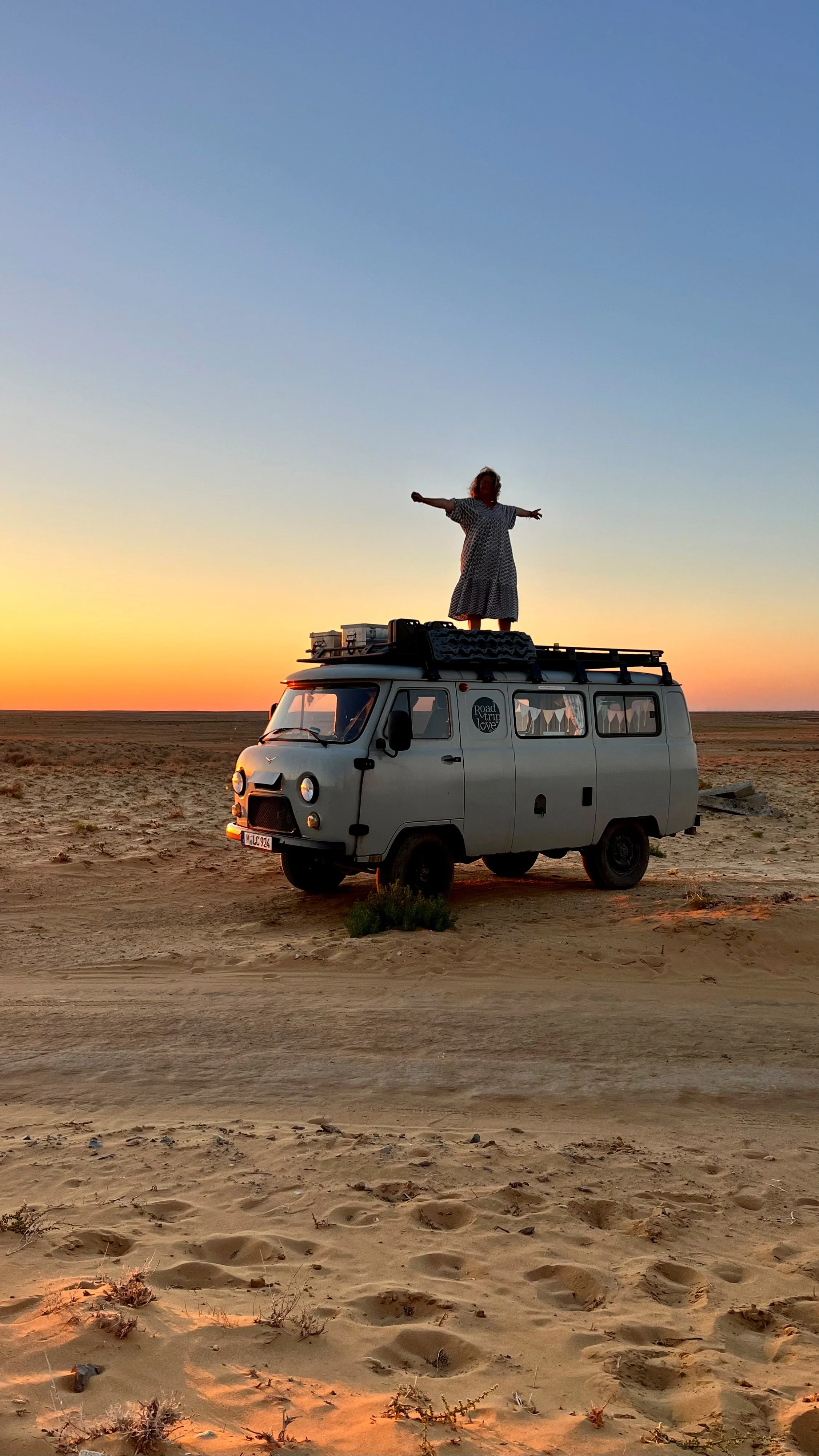 Eine Person steht auf dem Dach eines weißen Wohnmobils in einer Wüstenlandschaft bei Sonnenuntergang, mit offenen Armen zur Seite gestreckt.