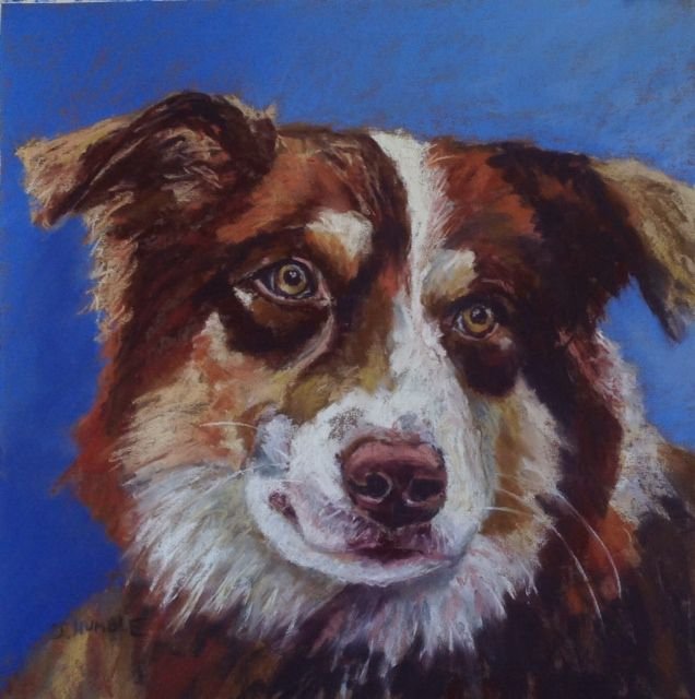 A detailed painting of a dog with brown, black, and white fur, golden eyes, against a blue background.