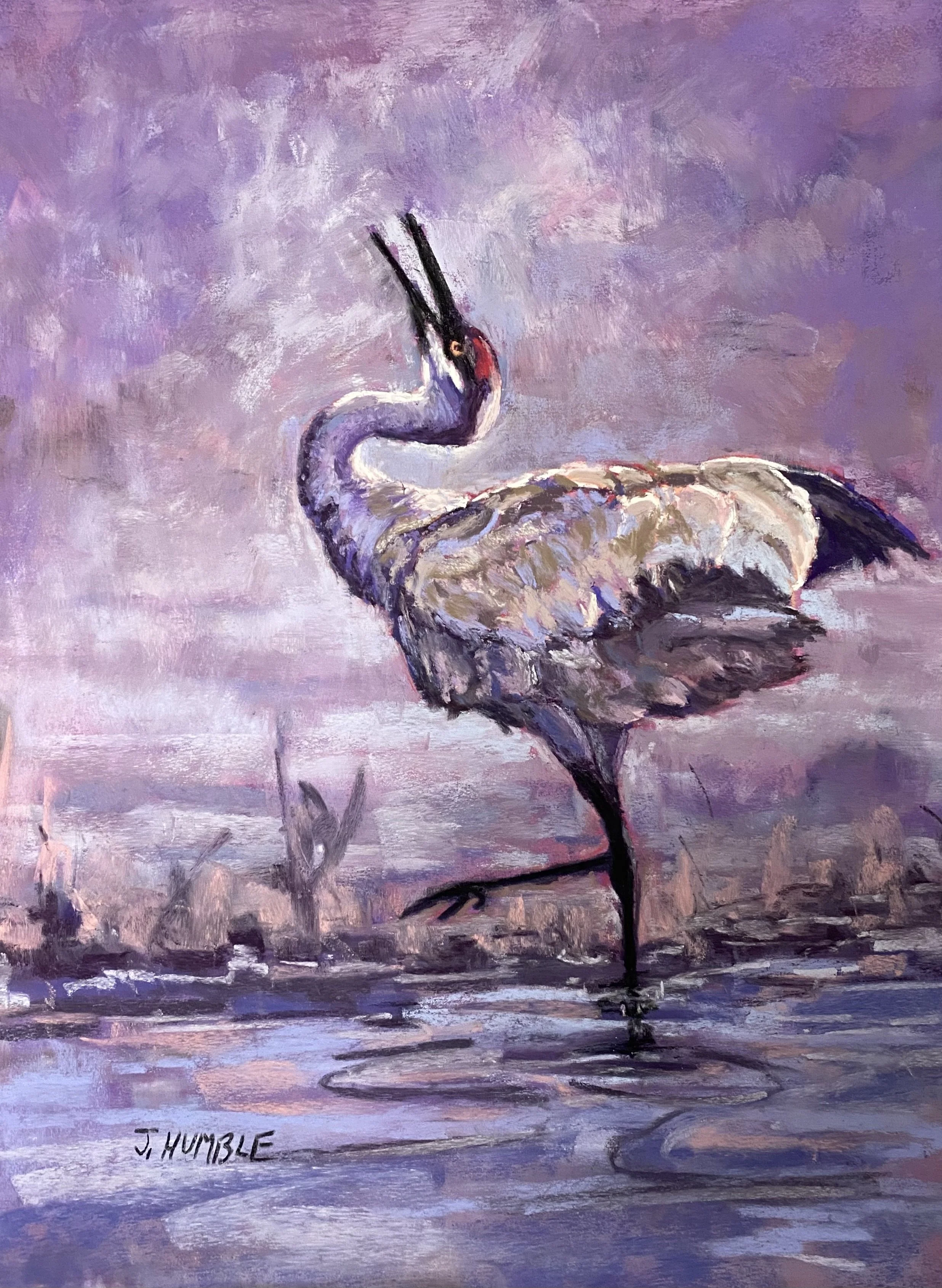 Painting of a crane standing in water with a purple and pink sky background.
