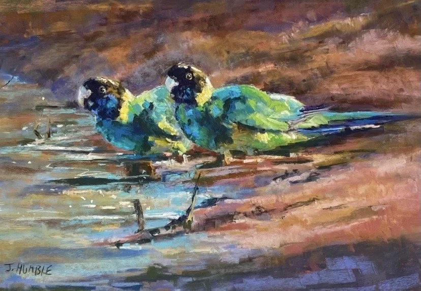 Painting of two small birds with green and blue feathers sitting on a log near water, painted in an impressionistic style.