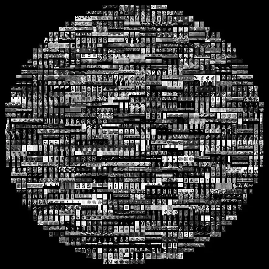 A collage of numerous small black and white images arranged in a circular pattern to form a portrait of a man with glasses.