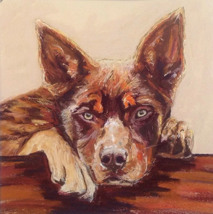 Painting of a dog with a mix of brown, black, and white fur, resting its head on a wooden surface, with large ears and expressive eyes.
