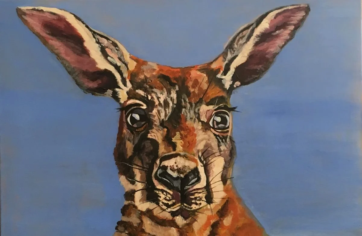 Painting of a young kangaroo with large ears and detailed facial features against a blue background.
