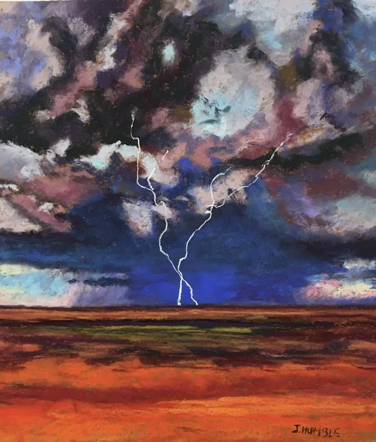 A painting of a stormy sky with dark clouds, a bright full moon, and lightning bolts striking the flat landscape below with shades of red, orange, and green.