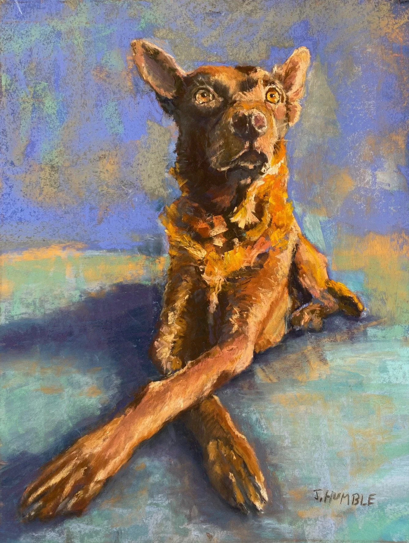 Painting of a dog with one blue eye and one brown eye, sitting on a blue and green background.