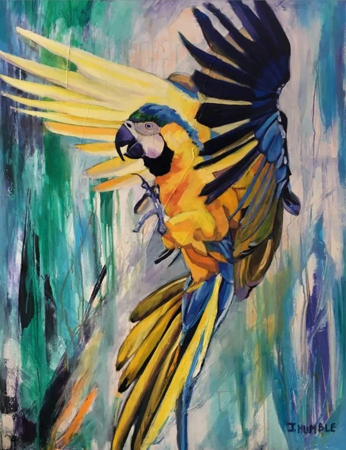 Colorful painting of a parrot in flight with vibrant green, yellow, and blue feathers against an abstract background.