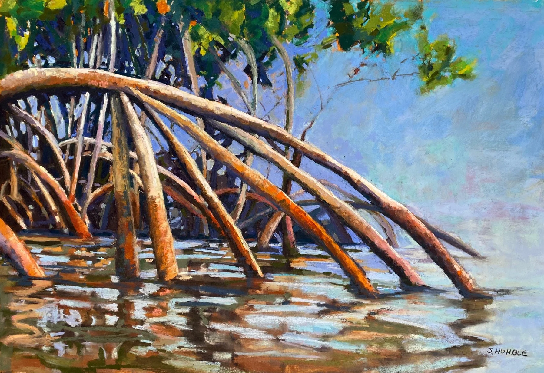 A painting of a wooden pier with bent and weathered wooden posts extending into calm water, with green foliage and a blue sky in the background.