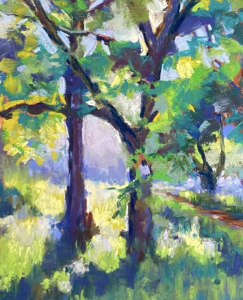 An impressionist painting of trees with lush green foliage and a dirt path on the right, using bold brushstrokes and vibrant colors.