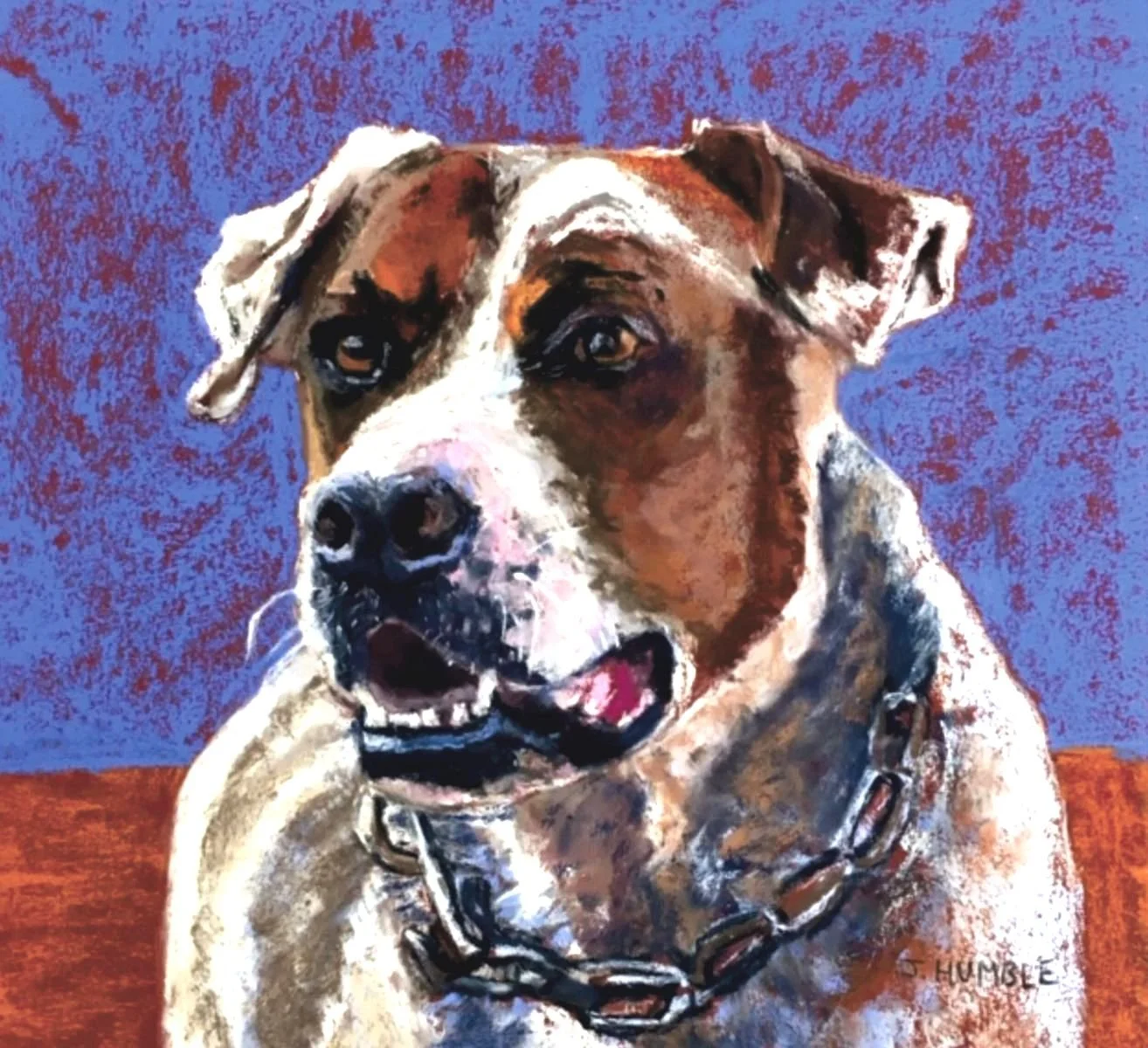 Painting of a dog with a chain collar against a purple and orange background.