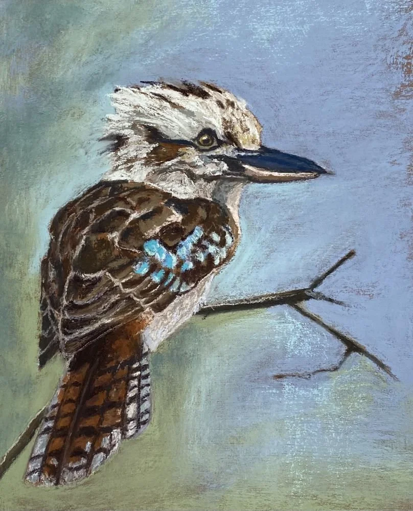 A painting of a bird with detailed brown, white, and blue feathers, perched on a thin branch against a muted background.