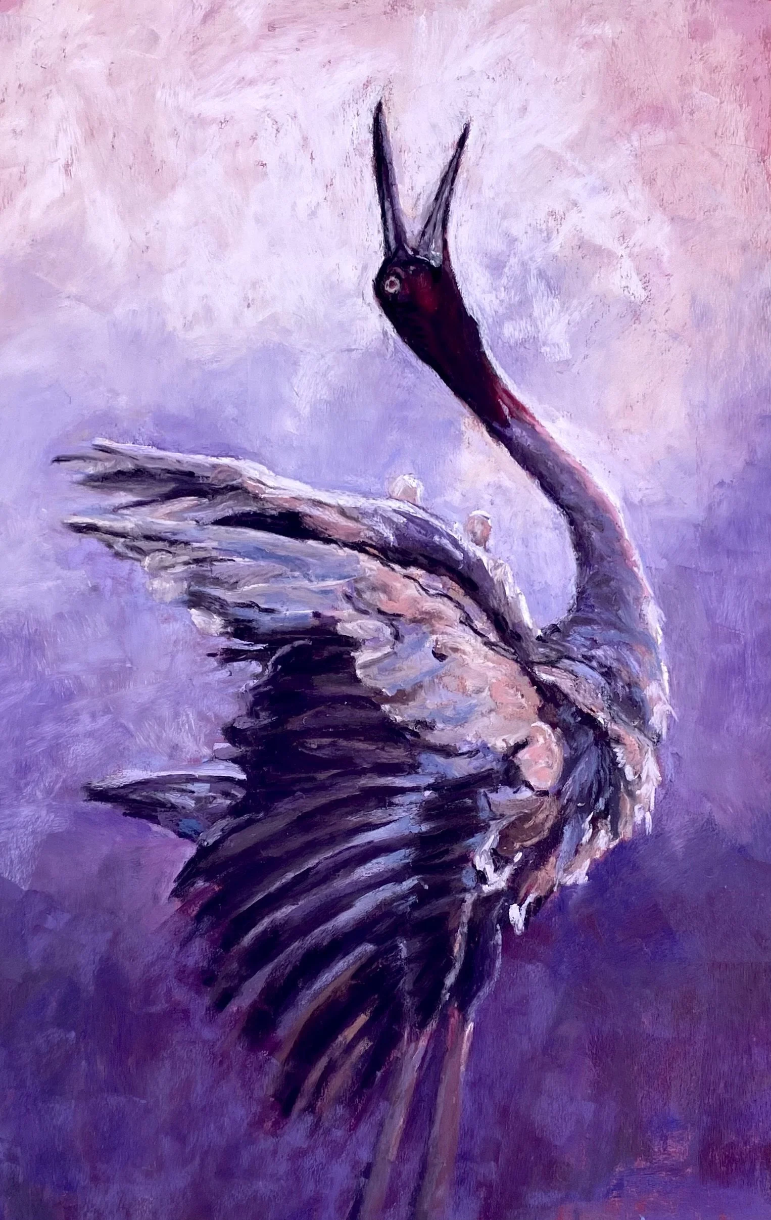 Abstract painting of a heron with a purple and pink background.