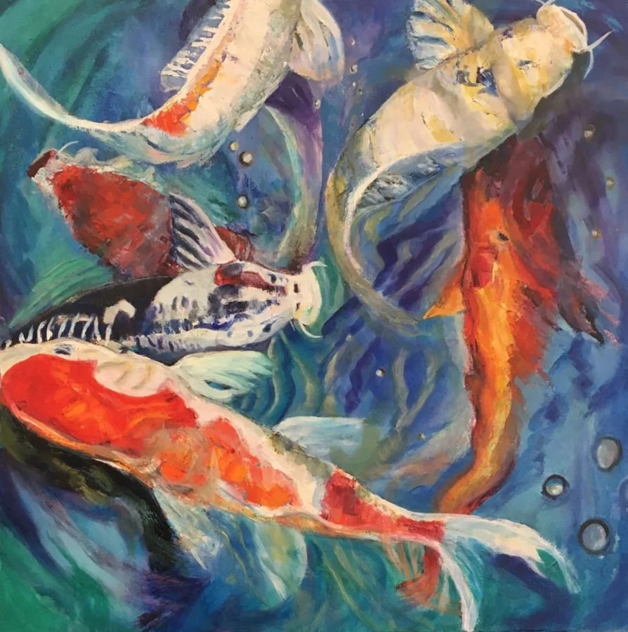 A colorful painting of various koi fish swimming in water with swirling blue, green, and purple hues.