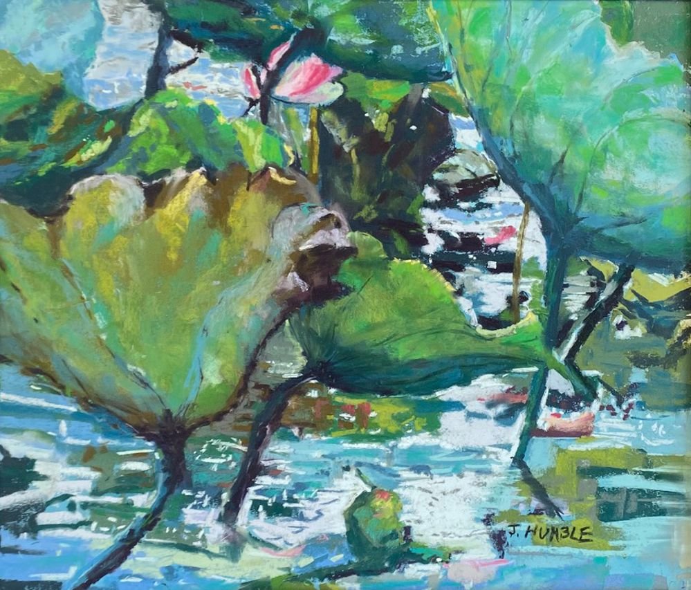 Painting of a pond with water lilies and lush green foliage, created in an impressionistic style.