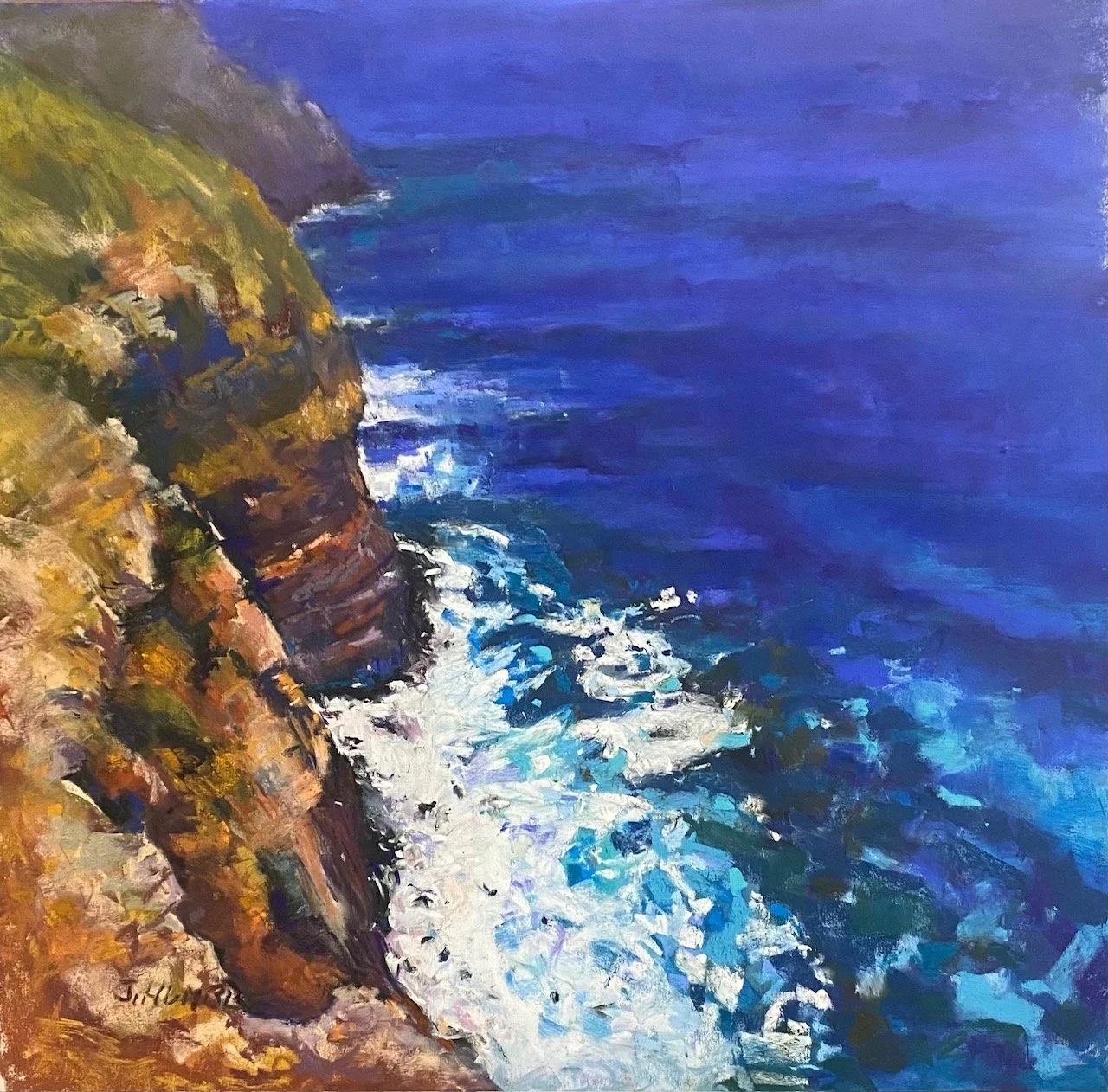 An impressionist painting of a rugged coastline with steep cliffs and white waves crashing against rocks, overlooking a vast blue ocean under a purple sky.