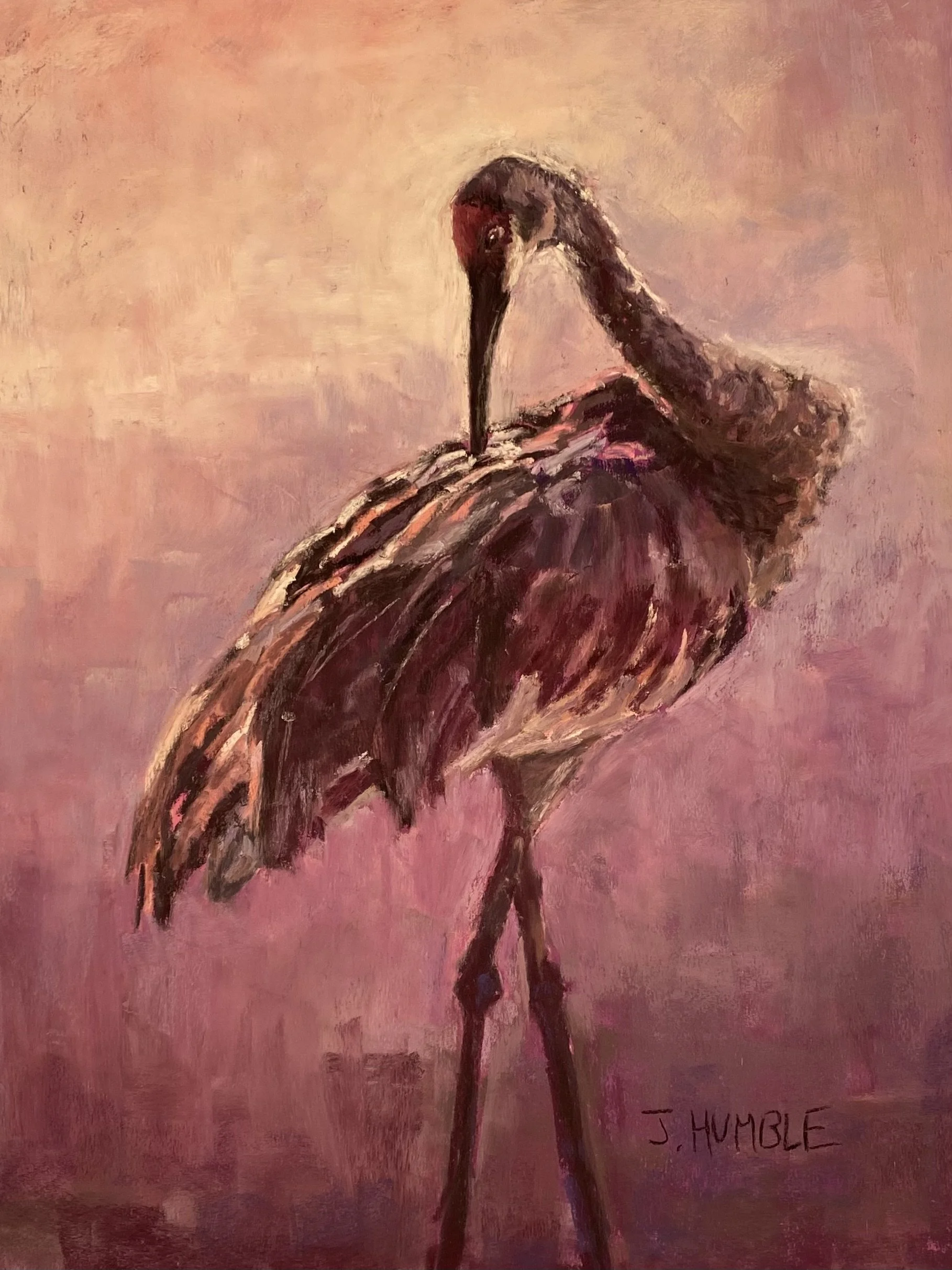 A painting of a heron standing with its head turned to the side, against a pink and peach background.