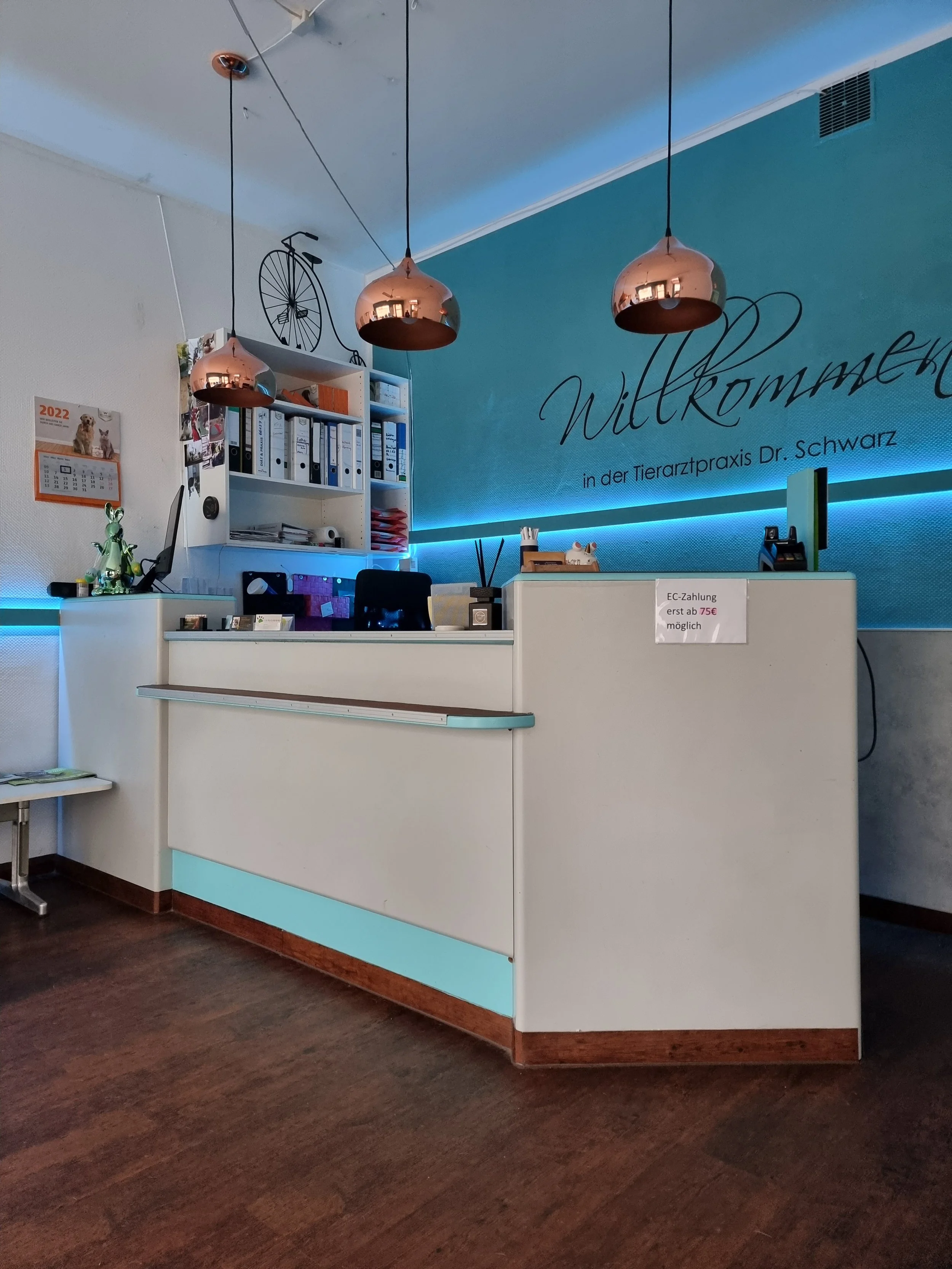 Rezeption in einer Tierarztpraxis mit weißen Schreibtisch, blauer Wand mit Willkommensgruß, Glanzeffekten und Dekor, beleuchtet von drei KupferPendelleuchten.