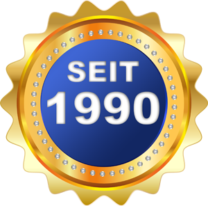 Abzeichen mit blauem Zentrum und goldener Umrandung, das die Aufschrift 'SEIT 1990' trägt.