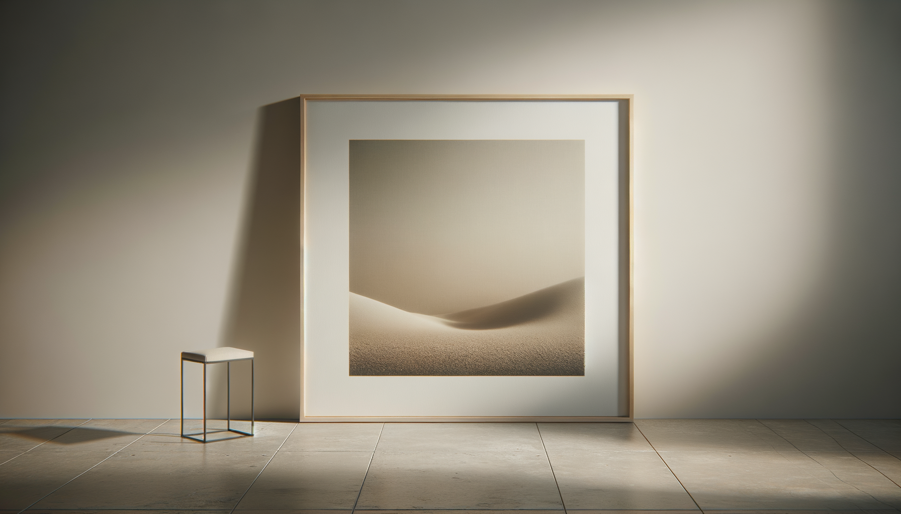 Minimalist framed desert landscape photograph leaning against a wall, with a small white stool nearby on a tiled floor, lit by warm sunlight.