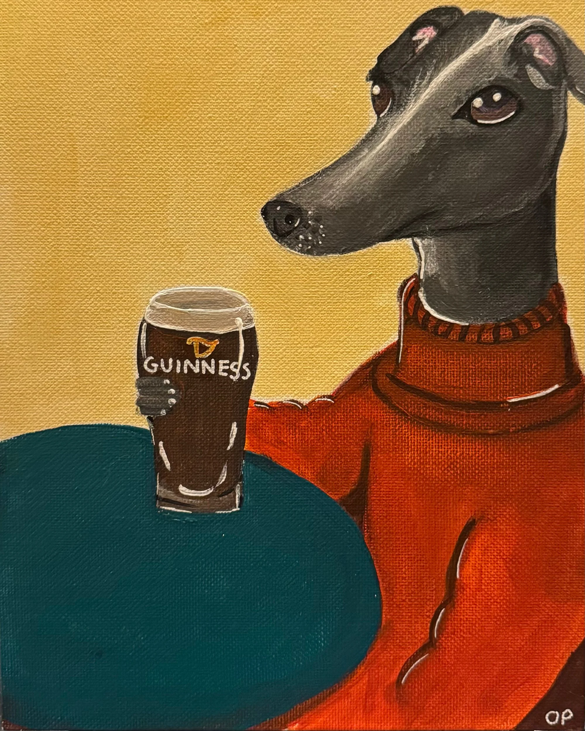Hand-painted portrait of a greyhound wearing a red jersey holding a pint of Guinness at a pub table, on a warm yellow background