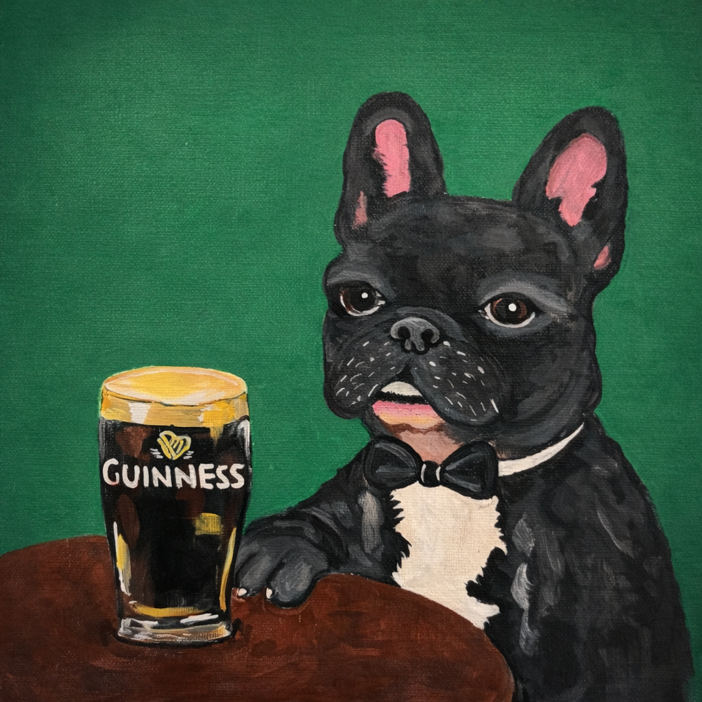 Painting of a French Bulldog with a Guinness on a table against a green background.