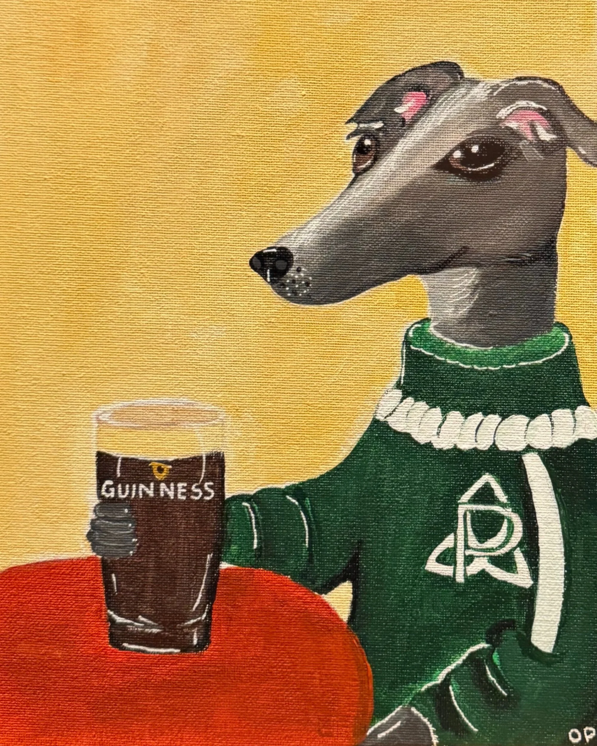 Custom hand-painted portrait of a greyhound wearing an Irish rugby jersey holding a pint of Guinness