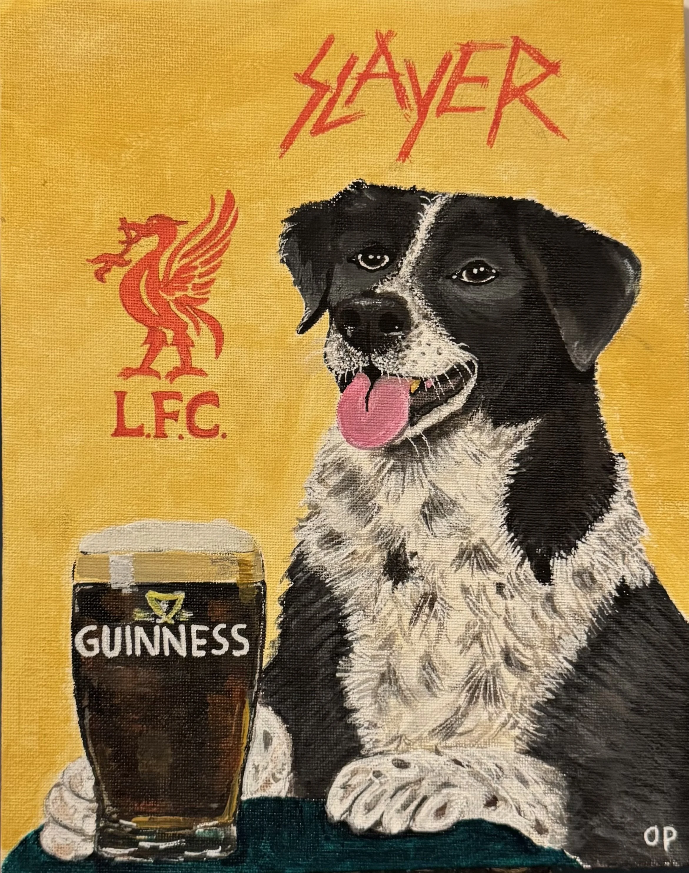 Painting of a dog with black and white fur sitting next to a pint of Guinness beer on a green surface. Red Liverpool Football Club logo and the word 'Slayer' are above the dog, on a yellow background.