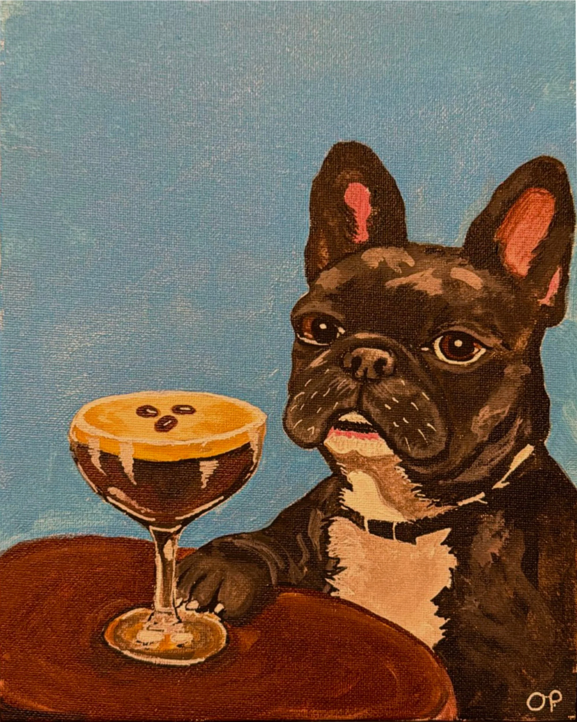 Hand-painted portrait of a French Bulldog sitting at a pub table with an espresso martini, on a sky blue background