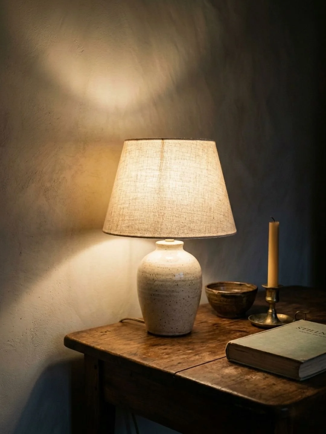 small lamp creating cozy light on a small table