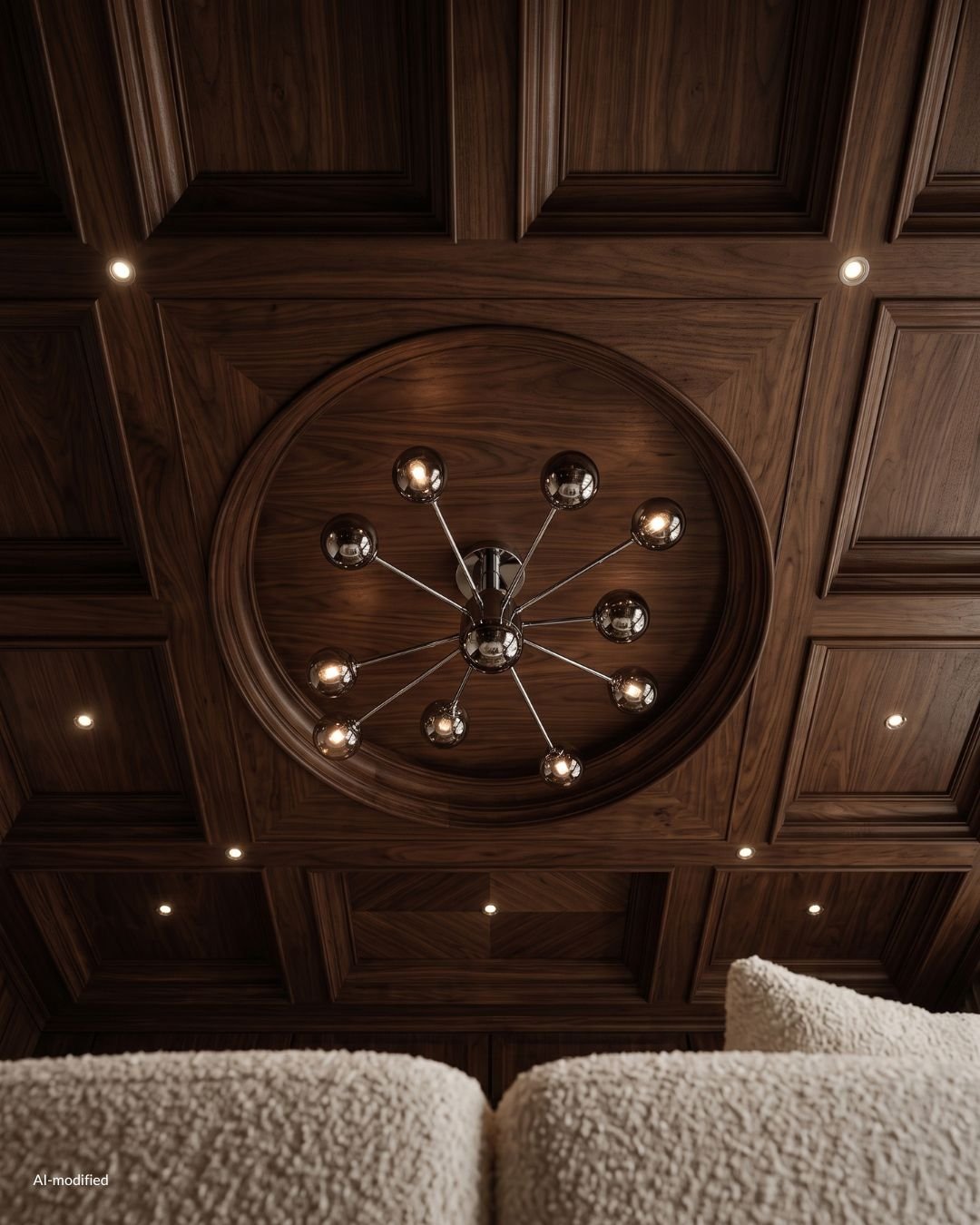 walnut ceiling and chrome sputnic lighting