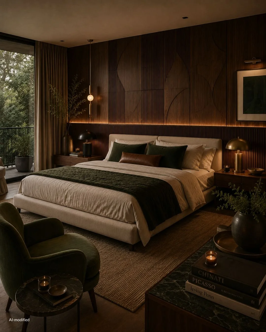 bedroom in MCM style with walnut paneling and dark green accents