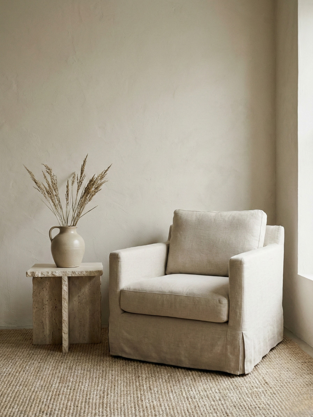white linen chair, stone side table with a vase, everything in a light creme base tone