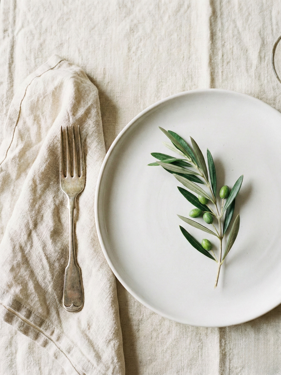 white ceramic plate, silver fork and olive branch placed on white linen