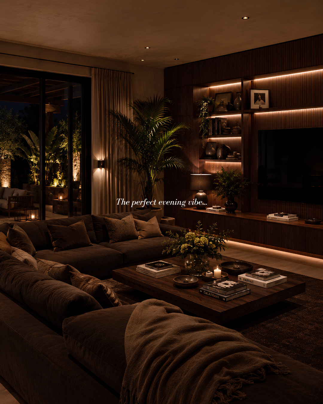 organic modern style living room at night in moody ambience