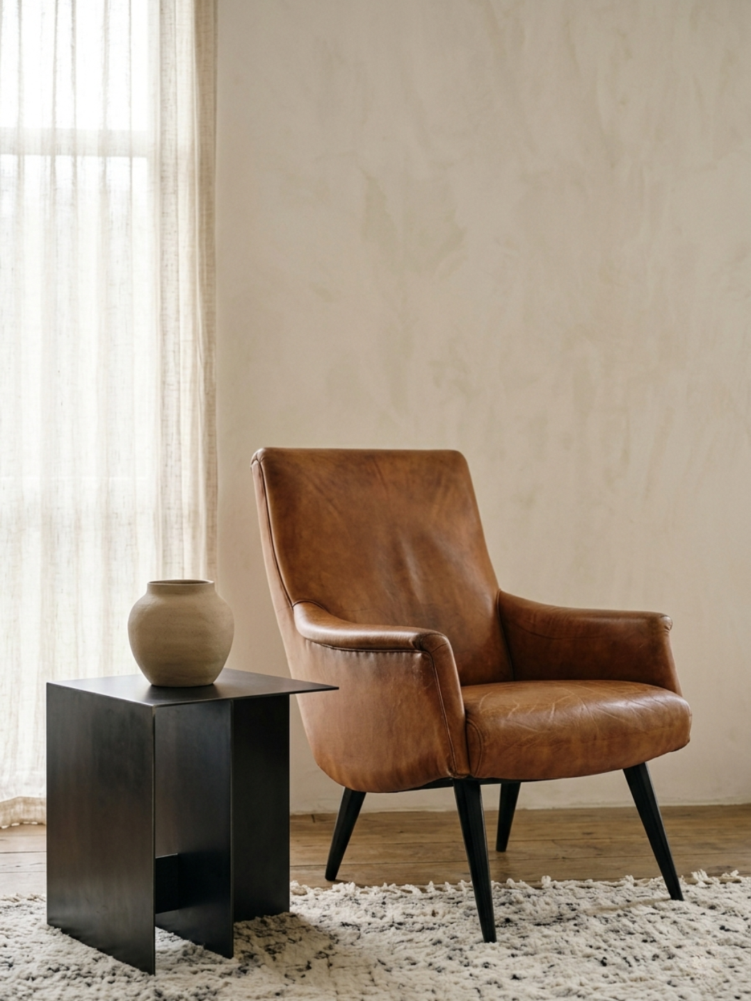Cognac leather chair and black side table with beige vase
