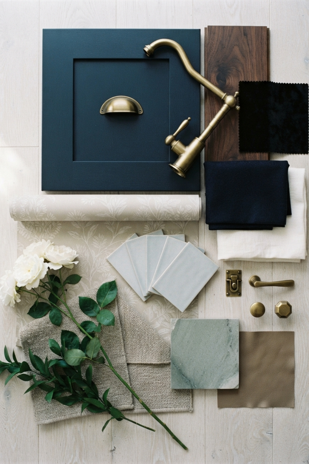 interior design materials flatlay sherwin Williams naval