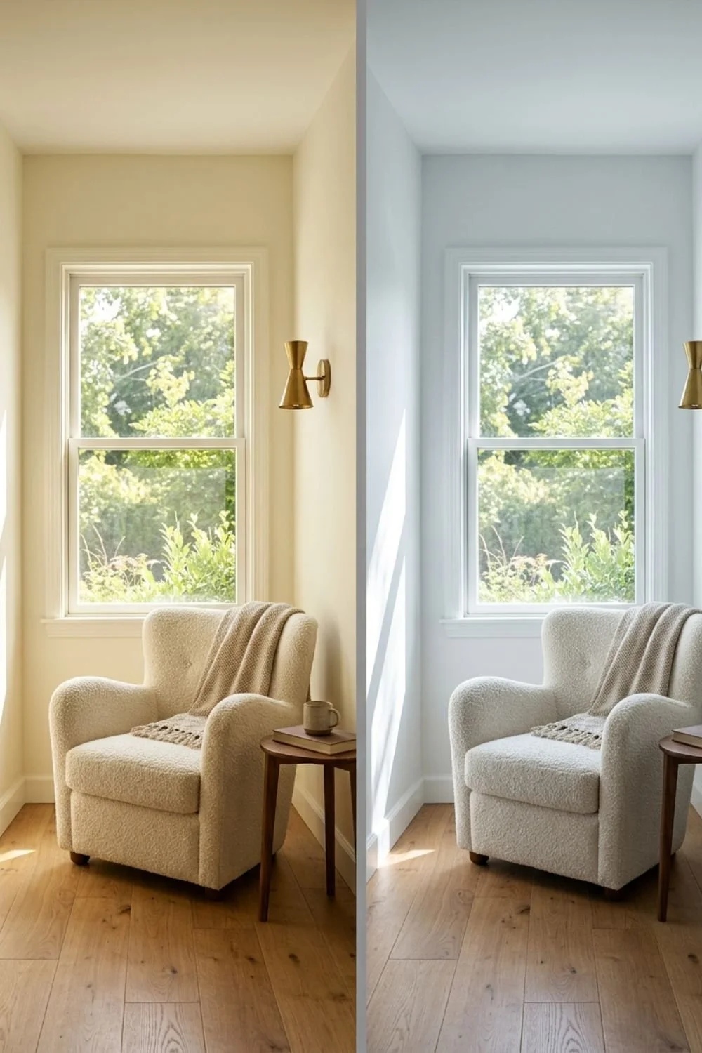 split screen image showing the same room corner in warm white and cool white